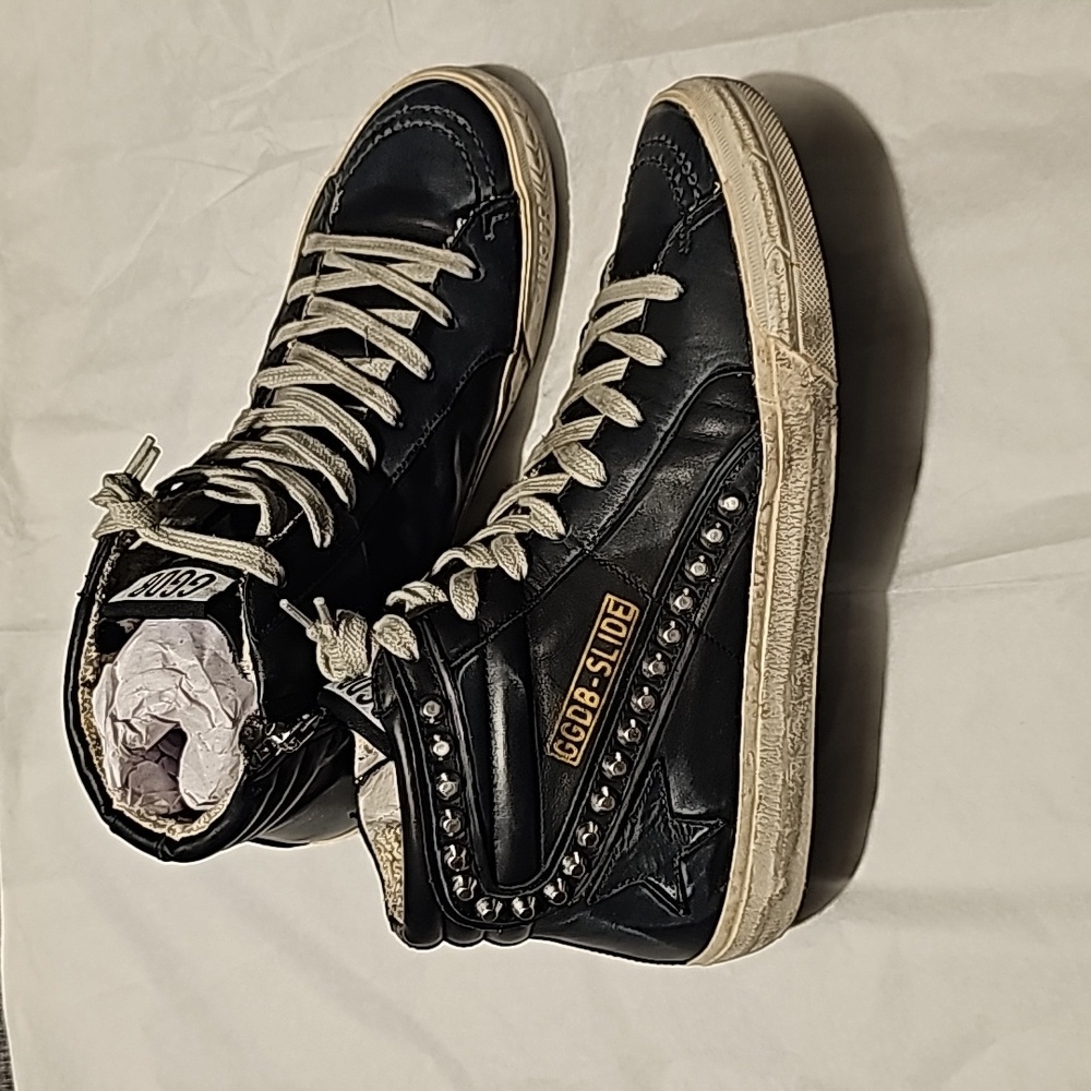 Women's Slide Black Leather Stud High Top Sneaker